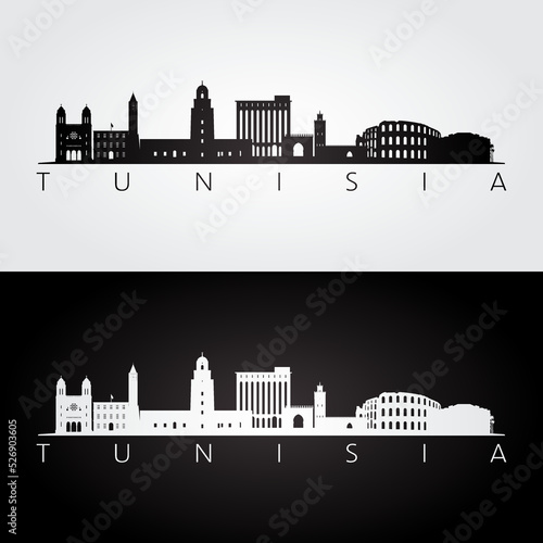 Tunisia skyline and landmarks silhouette, black and white design, vector illustration.