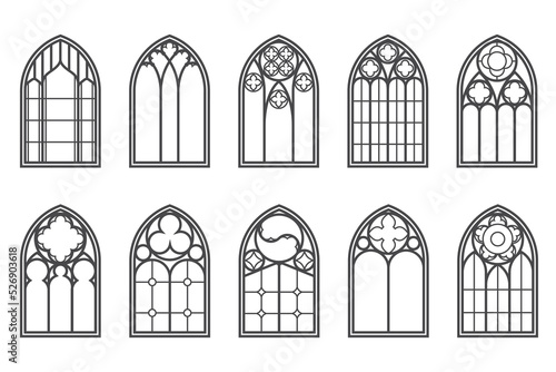 Church medieval windows set. Old gothic style architecture elements. Vector outline illustration on white background.