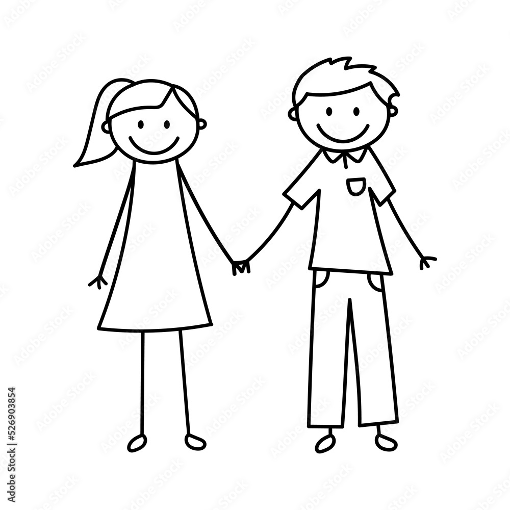 Doodle figures. Cute stick guy and girl holding hands. Vector illustration isolated on white Doodle figures. Cute stick guy and girl holding hands. Vector illustration isolated on white