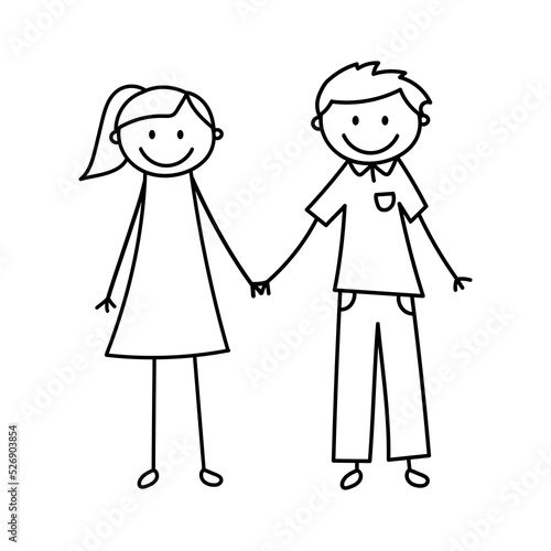 Doodle figures. Cute stick guy and girl holding hands. Vector illustration isolated on white © Elena