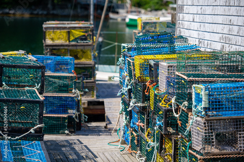 Fotografia Colorful lobster traps lined up on the wooden dock near Peggy's Cove, Nova Scotia Canada