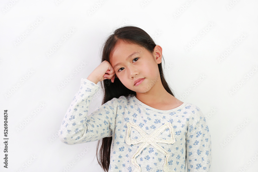 Asian young girl put stranglehold on head with looking at camera on white background. Asian young girl put stranglehold on head with looking at camera on white background.