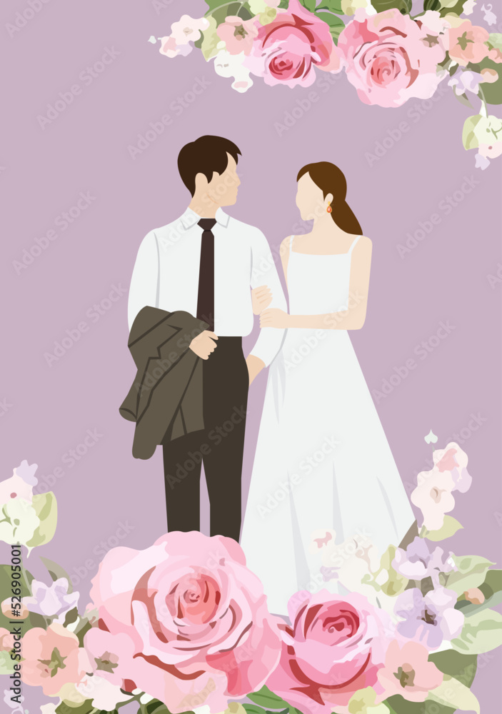 Beautiful young bride and groom couple holding hands on wedding day vector illustration Beautiful young bride and groom couple holding hands on wedding day vector illustration