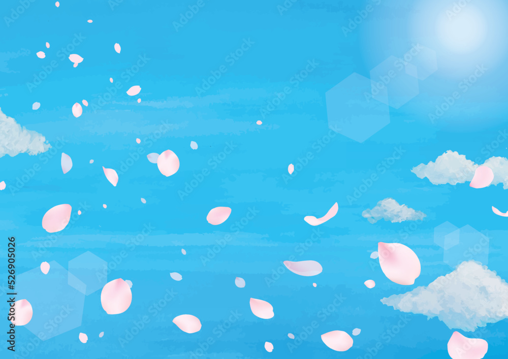 青空に桜が舞い散る水彩画