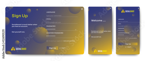 Set of Sign Up and Sign In forms. Orange gradient. Registration and login forms page. Professional web design, full set of elements. User-friendly design materials.