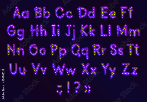 Rounded gradient font in shades of purple. Upper and lower case alphabet  punctuation marks.