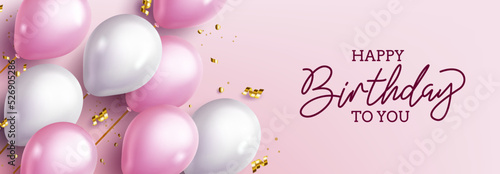 Birthday greeting vector background design. Happy birthday to you text in pink copy space with pink balloons and confetti elements for surprise birth day messages. Vector illustration.
