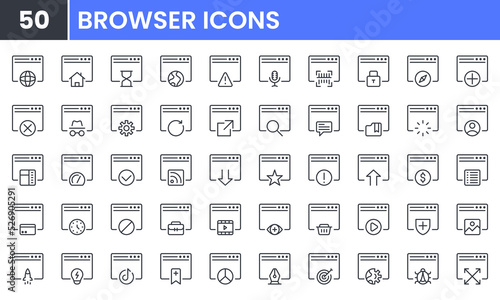 Browser and Internet vector line icon set. Contains linear outline icons like Setting, Web Development, SEO, Find, Homepage, Webpage, Website, Window. Editable use and stroke.