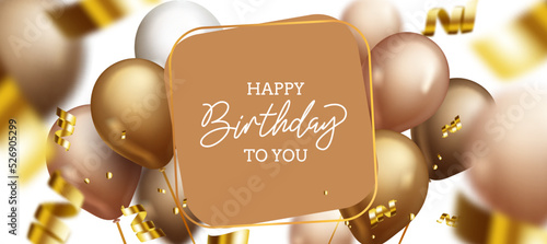 Birthday messages vector template design. Happy birthday to you text in board space with golden balloons and confetti elements for birth day party greeting. Vector illustration.
