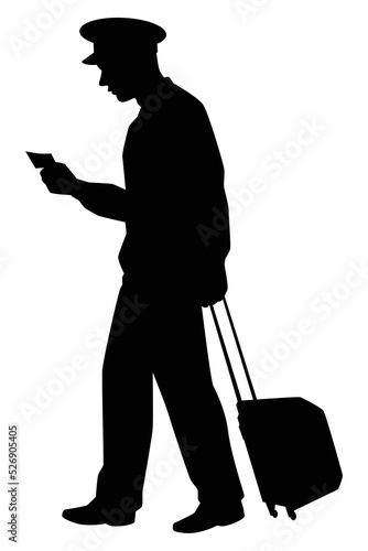 Airline pilot with suitcase silhouette vector on white background