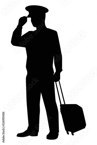 Airline pilot with suitcase silhouette vector on white background