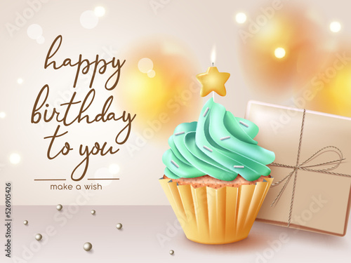 Birthday cupcake greeting vector design. Happy birthday typography text with cup cake and gift elements in golden background for birth day celebration. Vector illustration.
