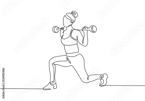 Woman with Barbell One Line Drawing. Female Sport Concept Abstract Minimal Drawing. Continuous One Line Woman Sport Illustration. Modern Trendy Contour Drawing. Vector EPS 10.