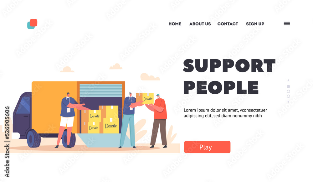 Support People in Need Landing Page Template. Volunteers Give Humanitarian Aid Help Box to Senior Refugee Homeless Man Support People in Need Landing Page Template. Volunteers Give Humanitarian Aid Help Box to Senior Refugee Homeless Man