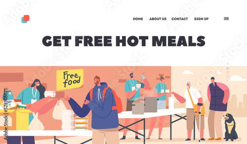 Poor People Get Free Hot Meals Landing Page Template. Volunteers Distribute Food at Shelter Helping Bums, Refugees