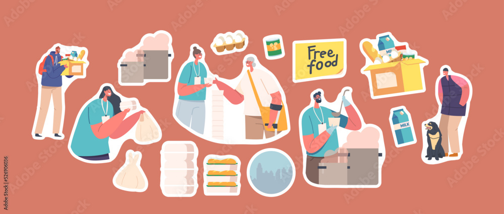 Set of Stickers Poor People Getting Food in Shelter, Volunteers Distribute Free Meals Helping Bums, Refugees, Beggars Set of Stickers Poor People Getting Food in Shelter, Volunteers Distribute Free Meals Helping Bums, Refugees, Beggars