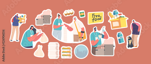 Set of Stickers Poor People Getting Food in Shelter, Volunteers Distribute Free Meals Helping Bums, Refugees, Beggars