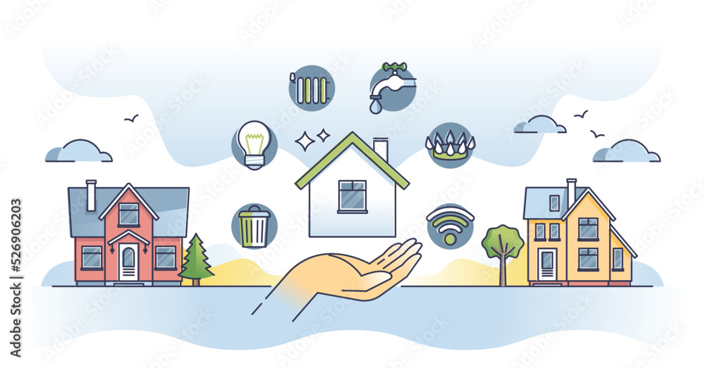 Utilities and energy consumption for home water and heating outline concept. Trash management, lighting, radiators, tap water, natural gas and internet resources supply for house vector illustration.