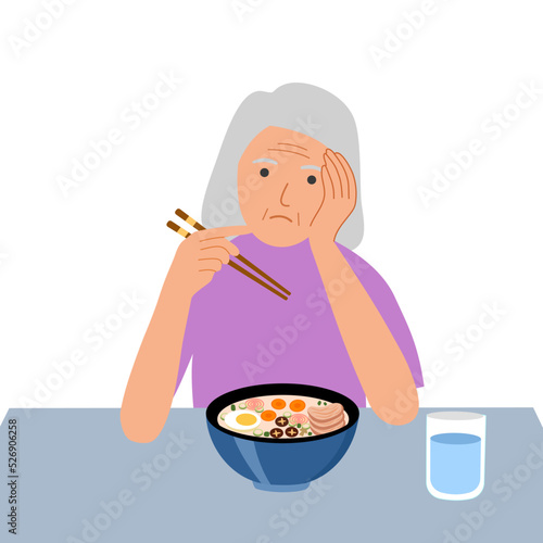 Senior woman feel not hungry concept vector illustration on white background. Old female unable to eat. No appetite.