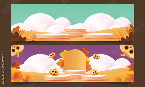 podium stage autumn season paper art colorful for show banner sale vector illustation