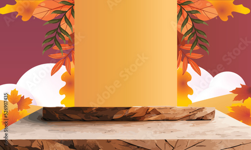 podium stage autumn season paper art colorful for show banner sale vector illustation