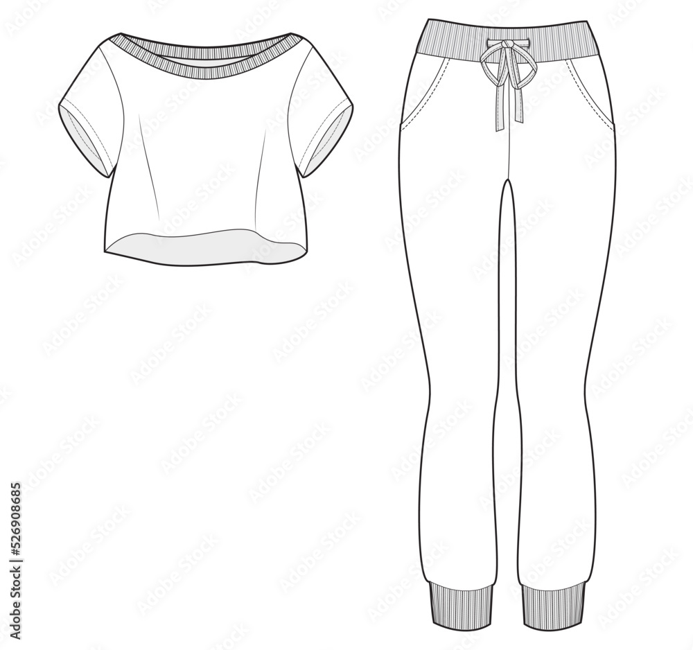 womens short sleeve crop top and jogger pant fashion flat sketch vector