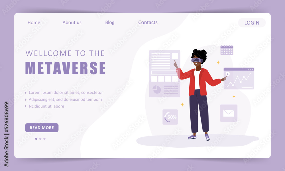Metaverse landing page template. African woman wearing VR glasses analyzes cryptocurrency charts. Modern technological entertainment. Vector illustration in flat cartoon style. Virtual reality. Metaverse landing page template. African woman wearing VR glasses analyzes cryptocurrency charts. Modern technological entertainment. Vector illustration in flat cartoon style. Virtual reality.