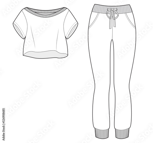 womens short sleeve crop top and jogger pant fashion flat sketch vector illustration casual outfit template cad drawing.