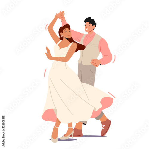 Marriage Ceremony Celebration  Young Husband and Wife Dancing Waltz. Happy Newlywed Couple Perform Wedding Dancing