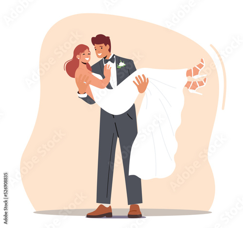 Happy Young Groom Carry Bride on Hands to Altar during Wedding Ceremony. Newlywed Man and Woman Getting Married