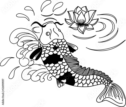 Beautiful line art Koi carp tattoo design ,Black and white koi fish and flower,Japanese tattoo with sakura and lotus flower,chinese tattoo with marigold flower.