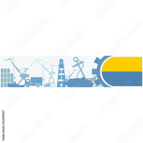 Sea port concept. Freight vessels or ships icons. Maritime transportation. Brochure, report or cover design template. Flag of Ukraine