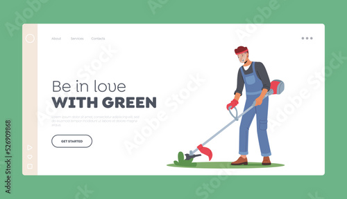 Man Mow Lawn in Garden or Park Landing Page Template. Gardener or Worker Character Use Grass Trimmer for Landscaping photo