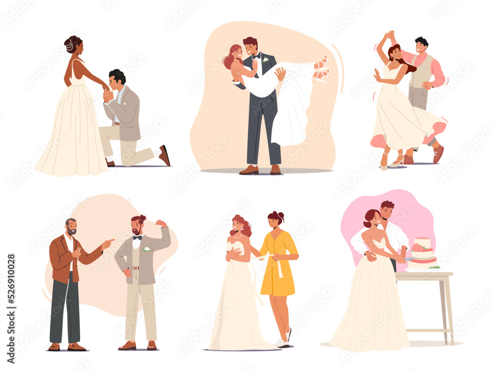 Set Groom and Bride Wedding Ceremony, Man Carry Woman on Hands, Kiss Hand, Couple Dance and Cut Cake Together