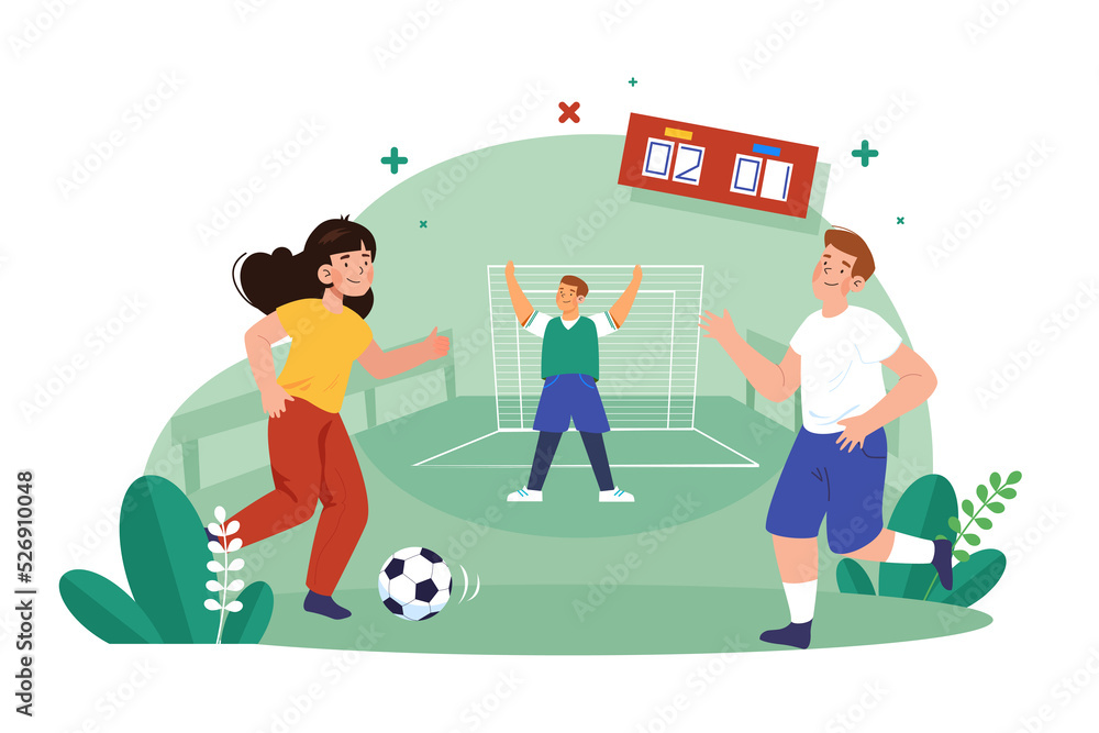 Fototapeta premium The group of friends is playing soccer in the yard