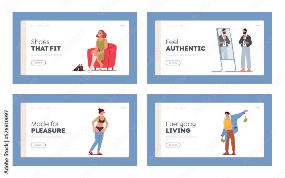 Male and Female Characters Dressing Up Landing Page Template Set. , Men and Women Put on Clothes at Morning Male and Female Characters Dressing Up Landing Page Template Set. , Men and Women Put on Clothes at Morning