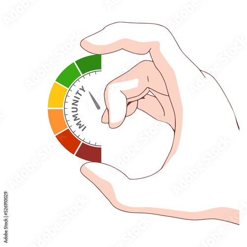 Hand holding immunity level measuring device icon. Color scale with arrow from red to green.