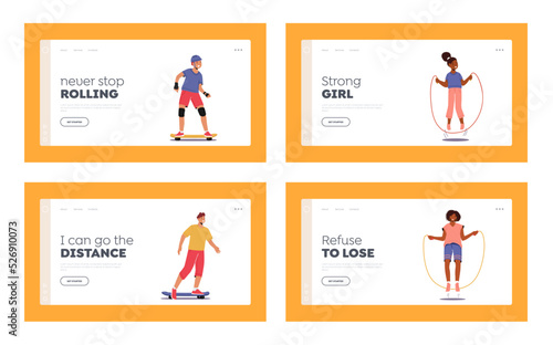 Kids Outdoor Activity Landing Page Template Set. Girls and Boys Exercise with Jump Rope and Riding Skateboard