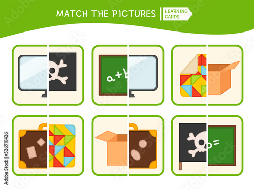 Matching children educational game. Activity for pre sсhool years kids and toddlers. Match the halves. Illustration of objects in the form of a rectangle.
