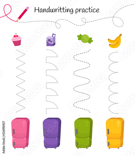 Handwriting practice sheet. Basic writing. Educational game for children. Put food in the fridge.

