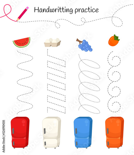 Handwriting practice sheet. Basic writing. Educational game for children. Put food in the fridge.
