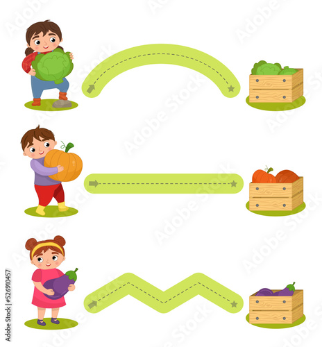 Educational material for preschool children. Graphomotor tracks, writing practice. Cartoon vector illustration of kids with vegetables.
