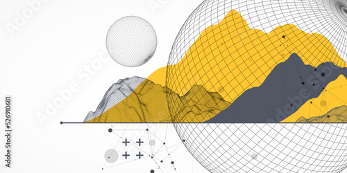 Sphere  theme with connected lines in technology style background. Wireframe illustration. Abstract 3d grid design.