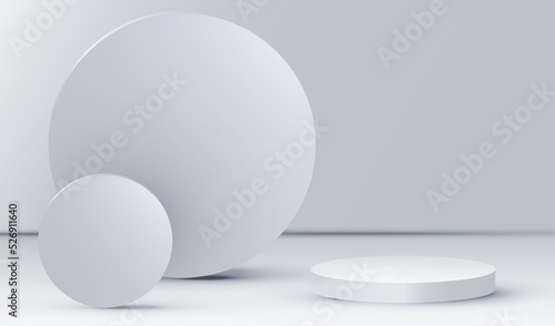 Empty podium place to display product with geometric 3d round shape vector background. Cosmetic commercial place with white stage studio design.   
