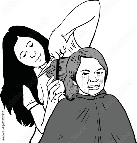 cartoon barber intently cutting a girl s hair