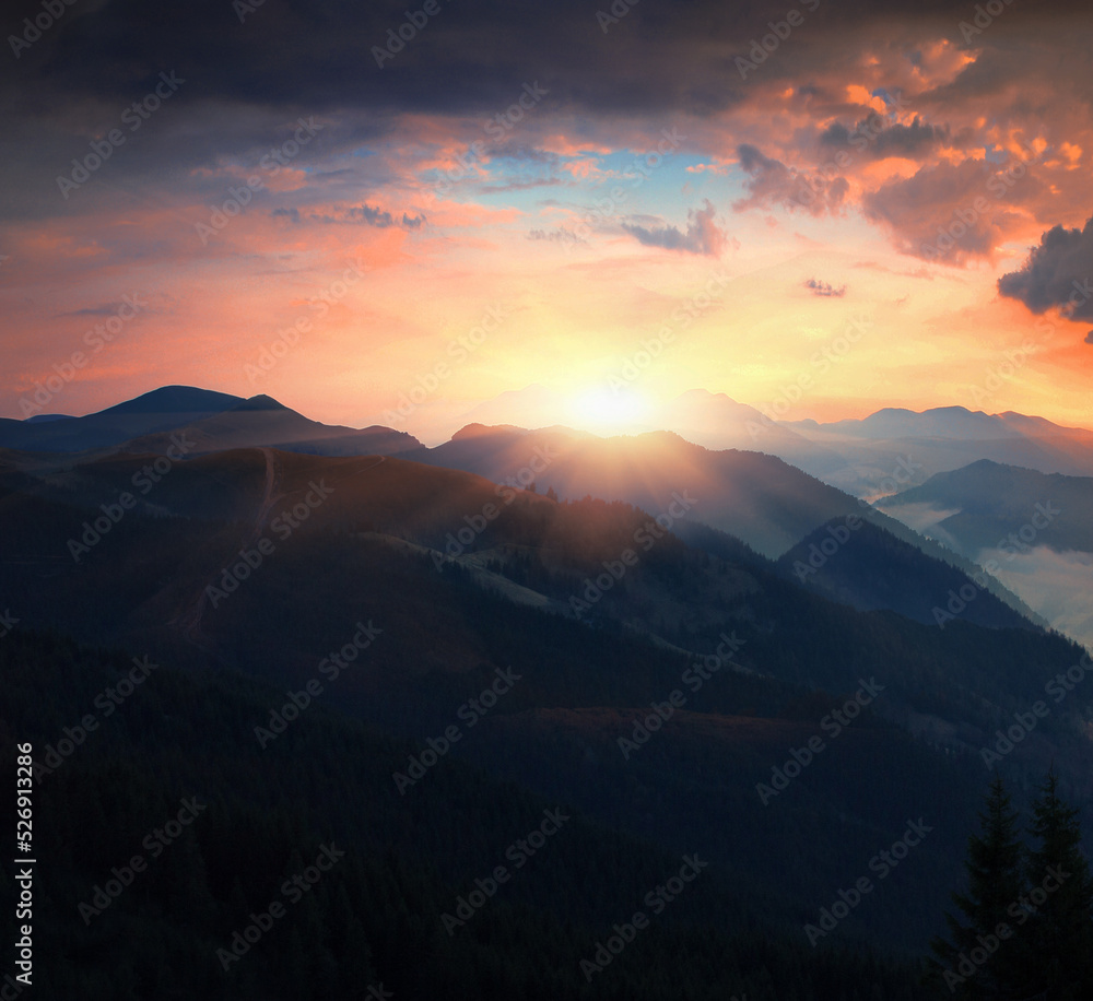 picturesque autumn sunrise image in mountains, autumn morning dawn, nature colorful background, Carpathians mountains, Ukraine, Europe