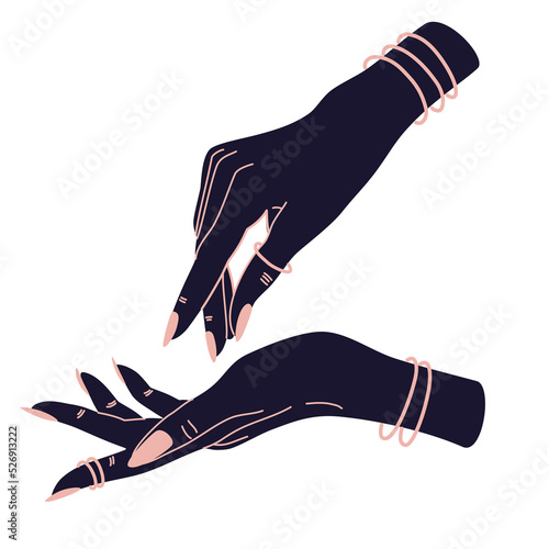 Women's hands. Female hands with various gestures. Alchemy esoteric magic celestial talisman with witchcraft hands sacred geometry. Vector illustration fashionable minimalistic style.