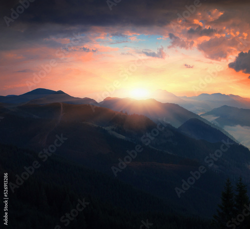picturesque autumn sunrise image in mountains, autumn morning dawn, nature colorful background, Carpathians mountains, Ukraine, Europe © Rushvol