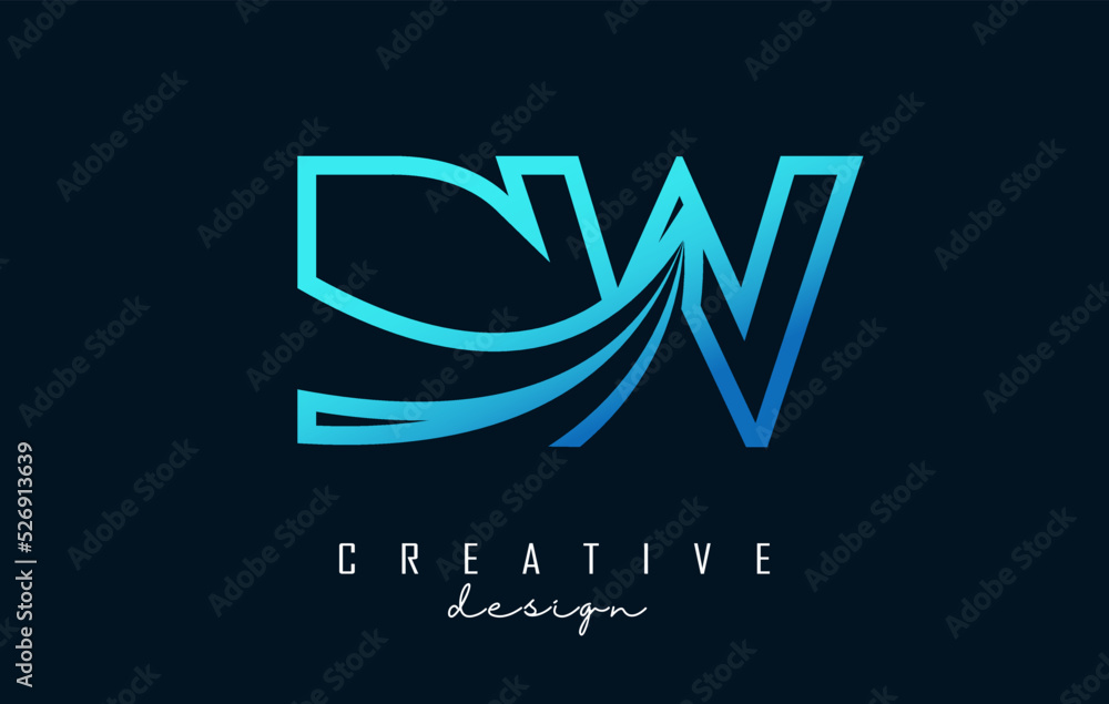 Outline blue letters Dw d w logo with leading lines and road concept design. Letters with geometric design. Outline blue letters Dw d w logo with leading lines and road concept design. Letters with geometric design.