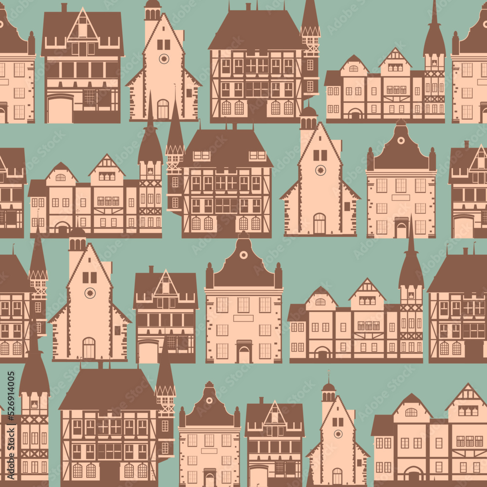 Seamless pattern medieaval old city, flat style. Autumn landscape city architecture